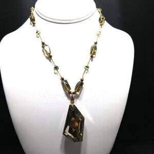 Vintage Smoky Topaz Glass Pendant Necklace Gold Tone Faceted Beads 20 Inch